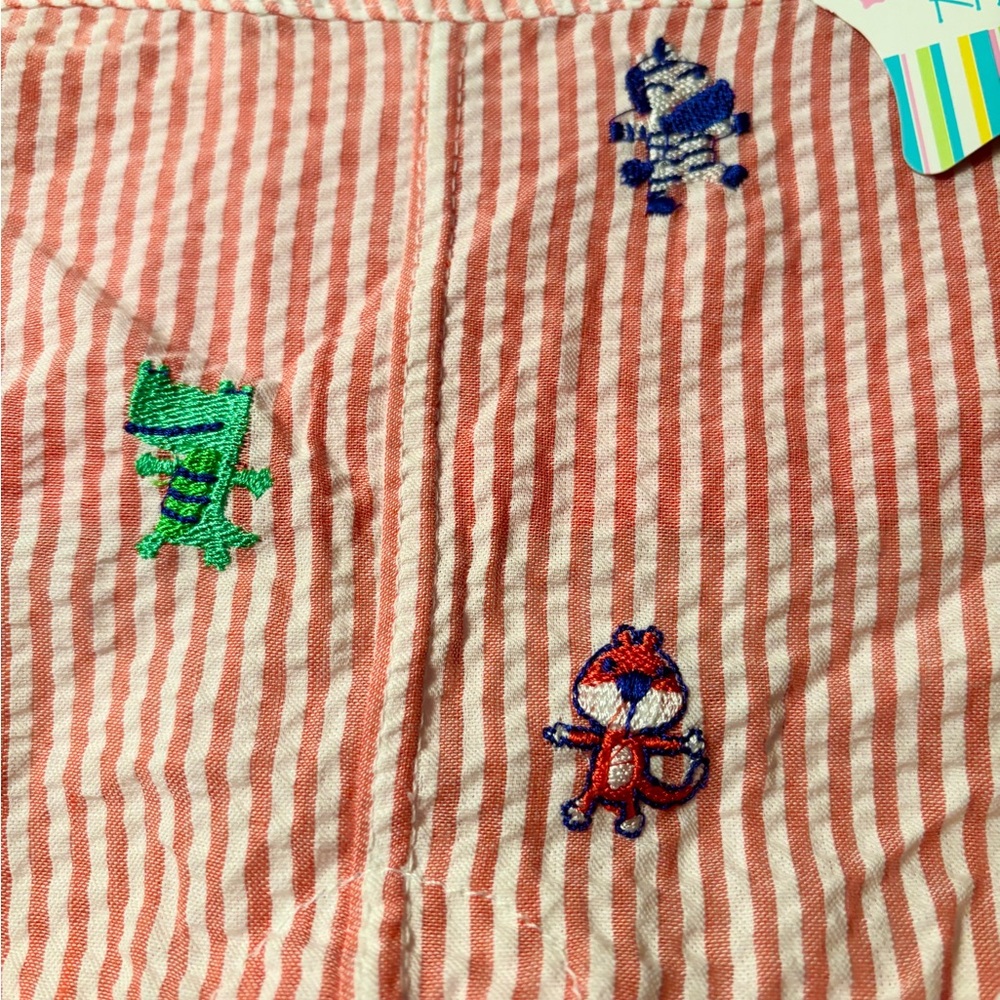 Nursery Rhyme 2 Piece overalls 3-6 Months, Red Stripes Embroidered Animals - Picture 4 of 7